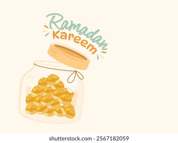 A glass jar filled with delicious-cookies, with a handwritten "Ramadan Kareem" message on top. The soft, pastel colors and sweet treats create a warm atmosphere.