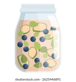 Glass jar filled with detox water containing sliced green apple and blueberries, promoting a healthy lifestyle