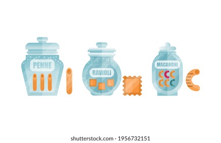 Glass Jar Filled with Dry Macaroni Product with Penne and Ravioli Vector Set