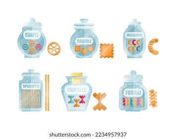 Glass Jar Filled with Dry Macaroni Product Vector Set