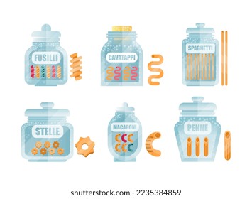 Glass Jar Filled with Dry Macaroni Product Vector Set