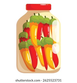 Glass jar filled with fresh red and yellow chili peppers preserving food for winter time