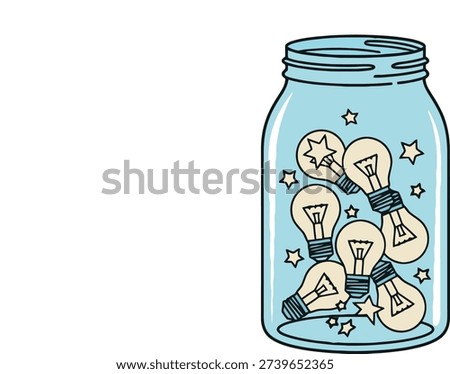 Glass Jar Filled with Glowing Light Bulbs and Stars, Symbolizing Abundance of Bright Ideas and Creativity