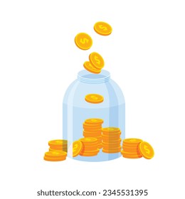 Glass jar filled with gold coins. Money growth, income, savings, investment. Success concept. Vector illustration in trendy flat style isolated.