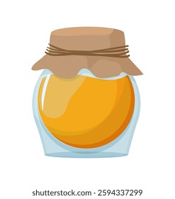 Glass jar filled with golden honey and a rustic fabric lid, isolated on a white background.