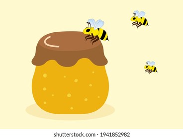 Glass jar filled honey on orange background. Natural fresh honey with bees. Cartoon vector illustration.