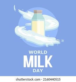 Glass jar filled with milk and surrounded by splashes of milk. World milk day. Vector illustration in flat cartoon style.