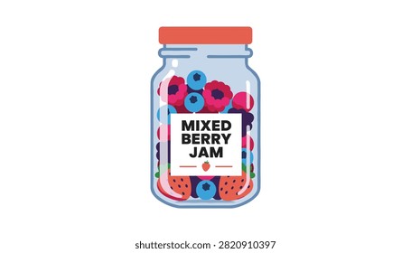 Glass jar filled with mixed berry jam featuring various fruits and a red lid on a white background.