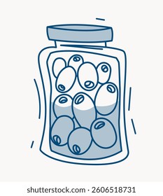 Glass jar filled with olives drawn in a minimalist line art style, using blue tones on a light background. Concept of preserved food. Vector illustration