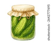 Glass jar filled with pickled cucumbers and fabric cover, isolated on white background. Perfect for food preservation graphics, vintage menu designs, and rustic packaging