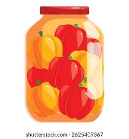 Glass jar filled with pickled red and yellow bell peppers preserving food for winter