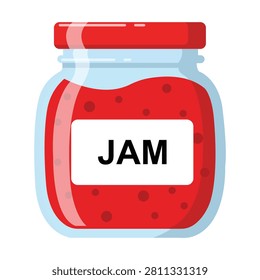 Glass jar filled with red fruit jam featuring labeled container isolated on white background flat vector illustration suitable for breakfast dessert grocery packaging and homemade preserve concepts.