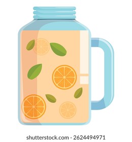 Glass jar filled with refreshing infused water containing orange slices and mint leaves, promoting a healthy lifestyle