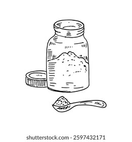 Glass jar filled with a salt, sugar, or another spice with spoon hand drawn.