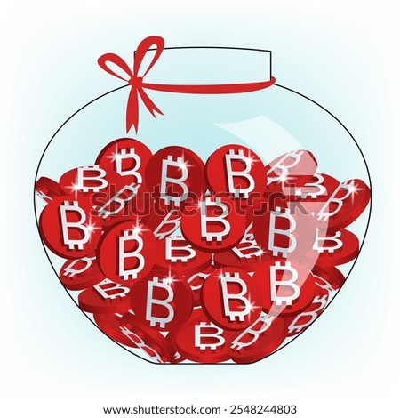 Glass jar filled with shiny red Bitcoins tied with festive ribbon. Cryptocurrency, blockchain, crypto trading, digital money savings or investments. Crypto token coin symbol. Vector illustration.