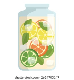 Glass jar is filled with sliced citrus fruit and ice cubes, creating a refreshing and flavorful summer drink