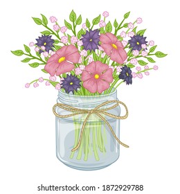 glass jar with flowers. spring bouquet. Cartoon style. Vector illustration. Isolated on white.