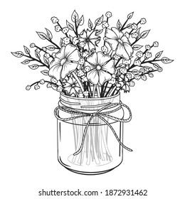 glass jar with flowers. spring bouquet. Cartoon style. Vector illustration. Isolated on white. Black and white.