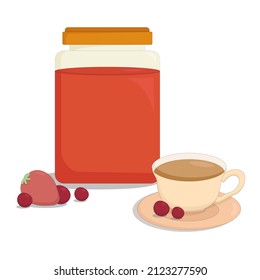 glass jar of fragrant berry jam and fresh berries and a mug of tea