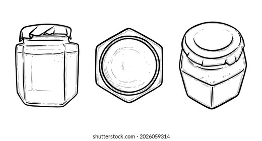 Glass jar front and top view. Hexagonal jar for preserves of pickles, honey or jam. Hand drawn vector illustration isolated in white background