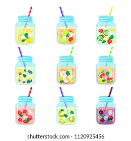 Glass jar fruit water. Healthy summer fruit and herb flavored water combinations in bottles. Vector flat style cartoon detox drink illustration isolated on white background