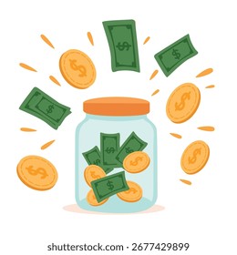 Tarro de cristal lleno de billetes de dólar y monedas de oro pegatina plana de estilo de dibujos animados aislados sobre fondo blanco