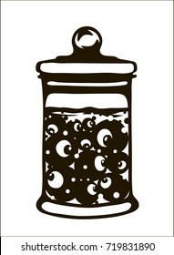 Glass jar full of eyes with bubbles. Vector halloween frame. Laser cutting template for greeting cards.