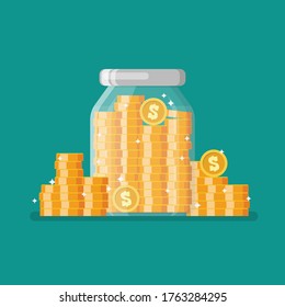 Glass jar full of gold coins. Flat style. Vector illustration 