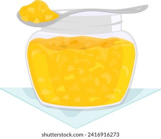 Glass jar full of golden honey with a silver spoon on top. Closed honey jar vector illustration.