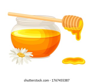Glass Jar Full with Honey and Daisy Flower Rested Nearby Vector Illustration