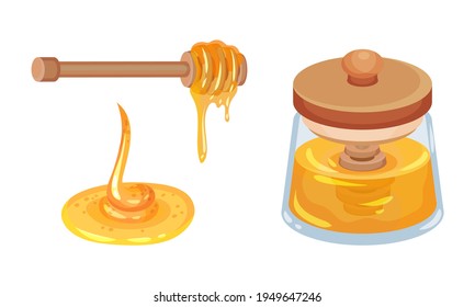 Glass Jar Full with Honey and Honey Dipper with Dripping Fluid Vector Set