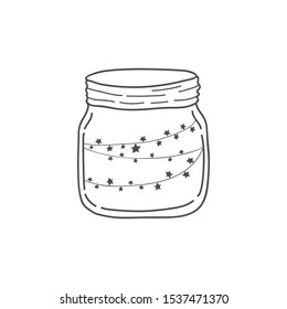 Glass jar with a garland. Vector freehand illustration in doodle style. Asterisks
