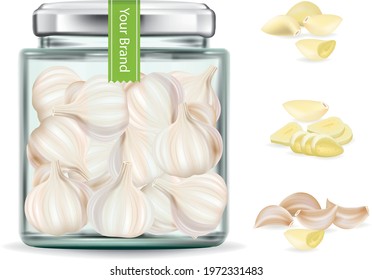 Glass jar with garlic.Garlic is arranged into pieces.illustration vector