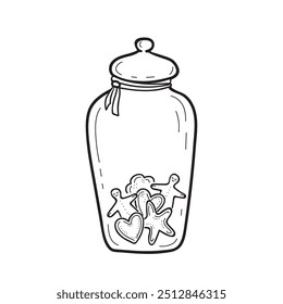 Glass jar with ginger cookies of different shapes in doodle engraved sketch style. Container for storing in kitchen or cafe with homemade biscuits inside. Christmas gift.