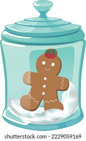
Frasco de vidrio con un hombre de pan de jengibre en un gorro Navidad navideña.