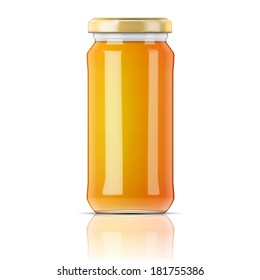 Glass jar with golden cap filled with yellow jam, confiture or honey. Vector illustration. Packaging collection.