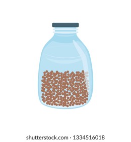 Glass jar with grains in flat style isolated on white background - vector illustration of eco friendly bottle, kitchenware for food storage for zero waste or healthy lifestyle concept.