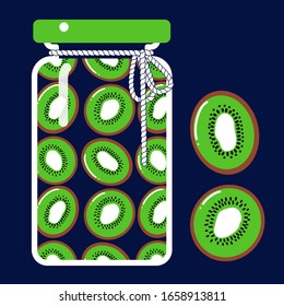 glass jar of green kiwi on a dark background. Vector illustration