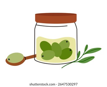 Glass jar with green olive fruit, icon vector illustration. Pickled olives in transparent jar with wooden spoon, leafy branch. Mediterranean food, healthy snack, natural ingredient, culinary element