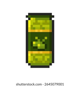 Frasco de vidro com azeitonas verdes isoladas sobre fundo transparente. Crachá pixelado, recurso de jogo ou item de arcada de computador. Ícone de azeitonas em salmoura. Ilustração da arte vetorial em pixel no estilo antigo de 16 bits.