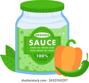 Glass jar of green organic sauce with label and fresh vegetables, bell pepper and chili. Healthy food and vegan condiments vector illustration.