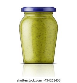 Frasco de vidrio con salsa de pesto verde. Ilustración vectorial. Colección de paquetes.