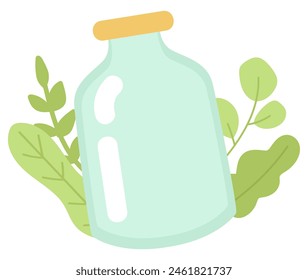 Glass jar with green plant leaves in flat design. Zero waste packaging. Vector illustration isolated.