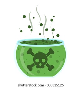 Glass jar with green poison. Transparent glass with green poison. Crossbones at the glass. Liquid bubbling. Isolated. White background.