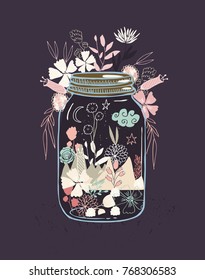 Glass jar with hand draw flowers