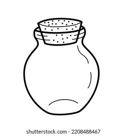 Glass jar hand drawn doodle, vector illustration of a plastic free jar with a natural cork, containers for zero waste storage, isolated outline clipart on white background