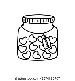 glass jar with heart doodle outline on white background