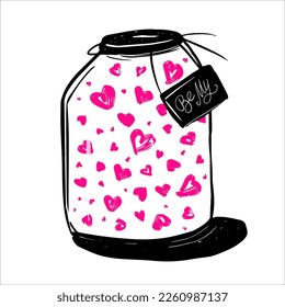 A glass jar with hearts inside. Bottle with hearts for Valentine's Day