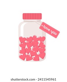 Glass jar with hearts inside and tag love you, isolated on white background. Flat vector illustration