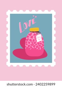  A glass jar with hearts inside and text. Love concept. Greeting card in the form of a postage stamp. Ideal for Valentine's Day or birthday. Vector.